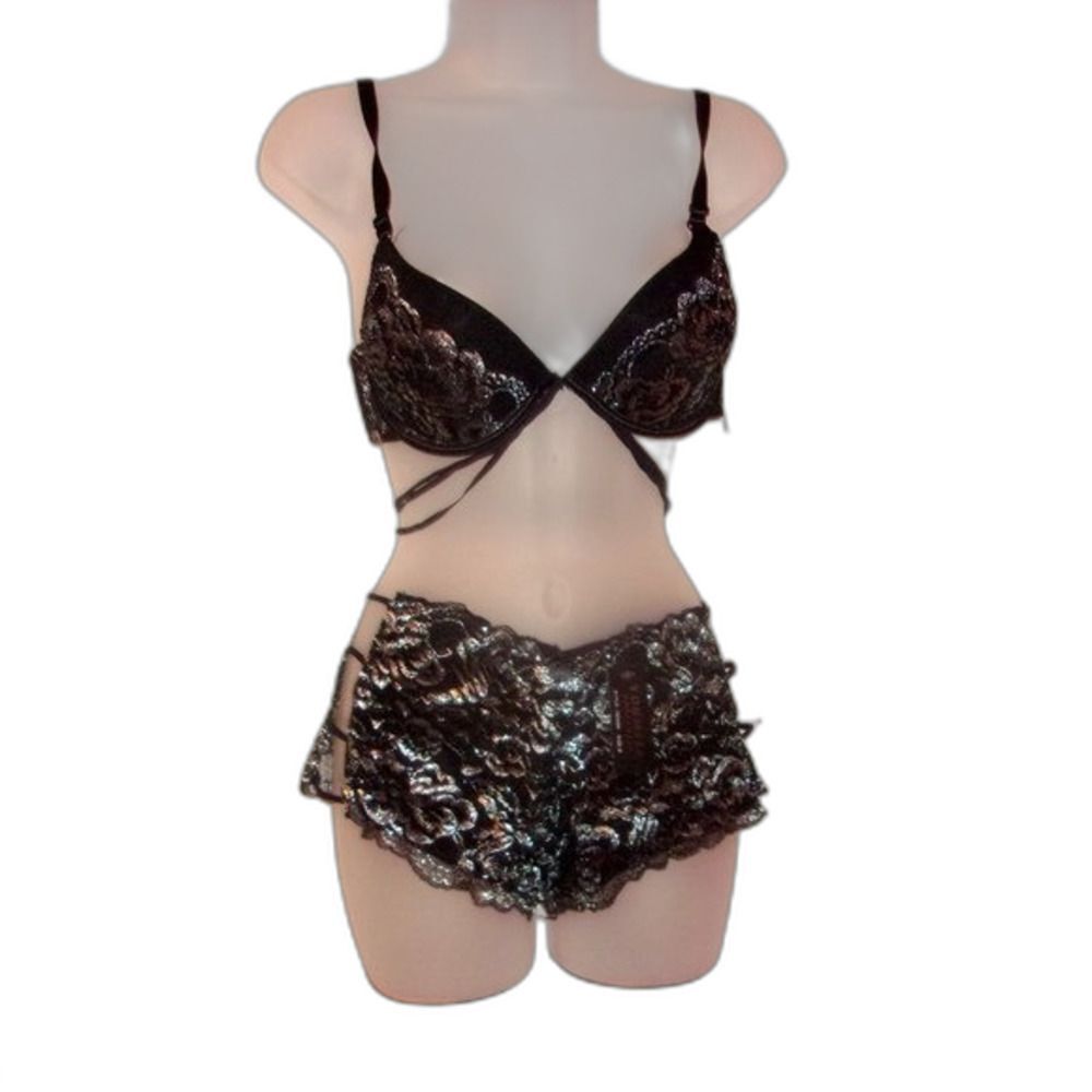 Youmita 34B Black Metallic Lace Bra & Medium Coordinating Boyshort NWT